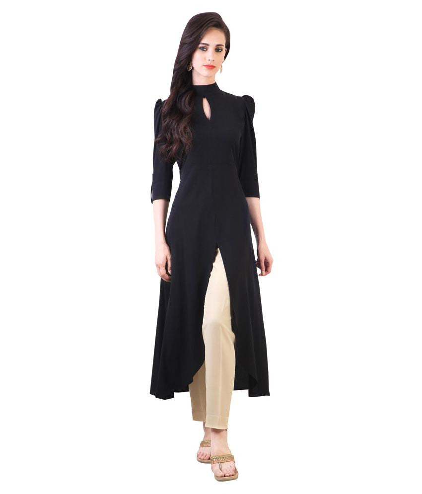 Black Color Plain Casual Long Kurta With Front Open & Golden Toggle Work –  Lady India